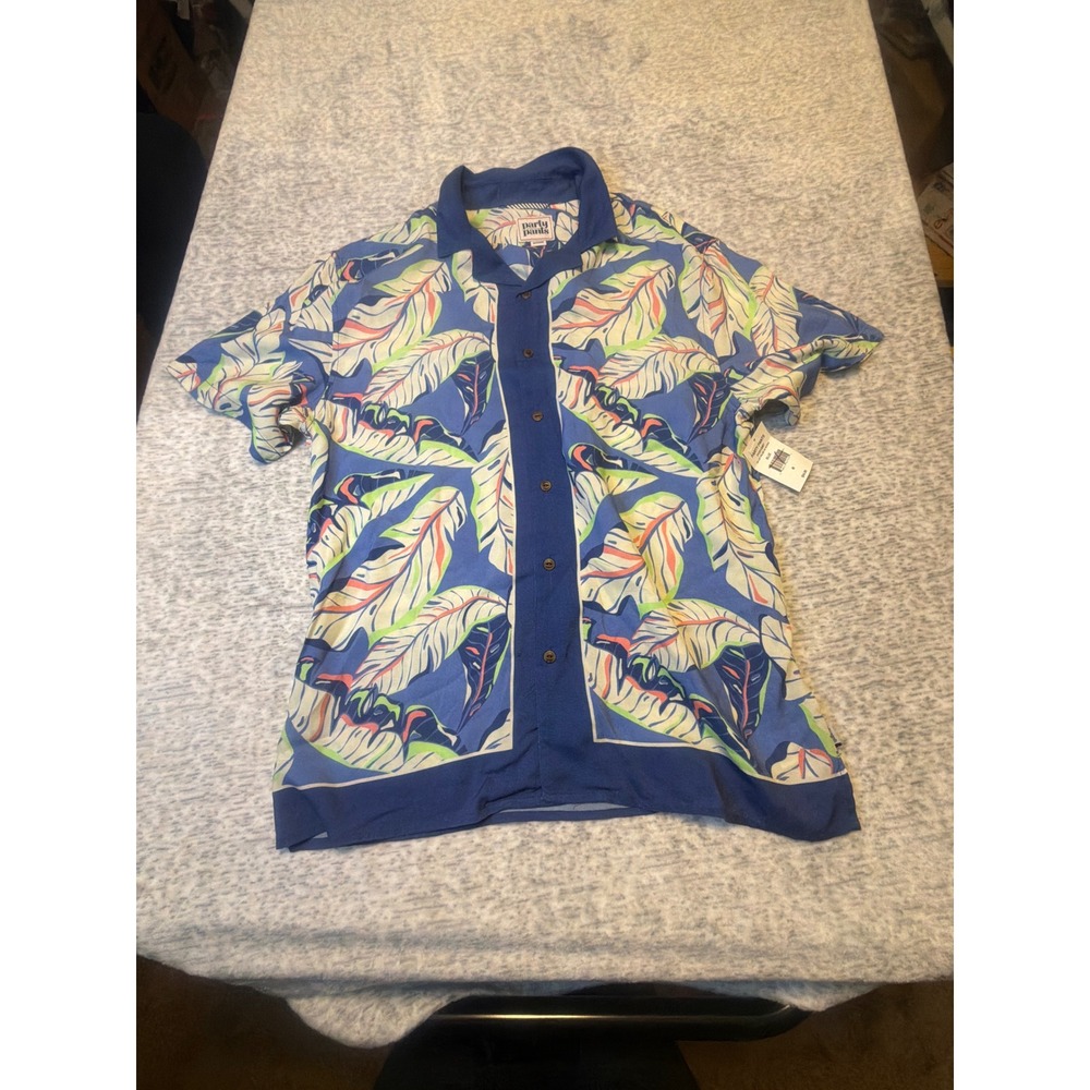 Party Pants Mens Blue Palm Leaf‎ Short Sleeve Button Up Shirt Medium NWT